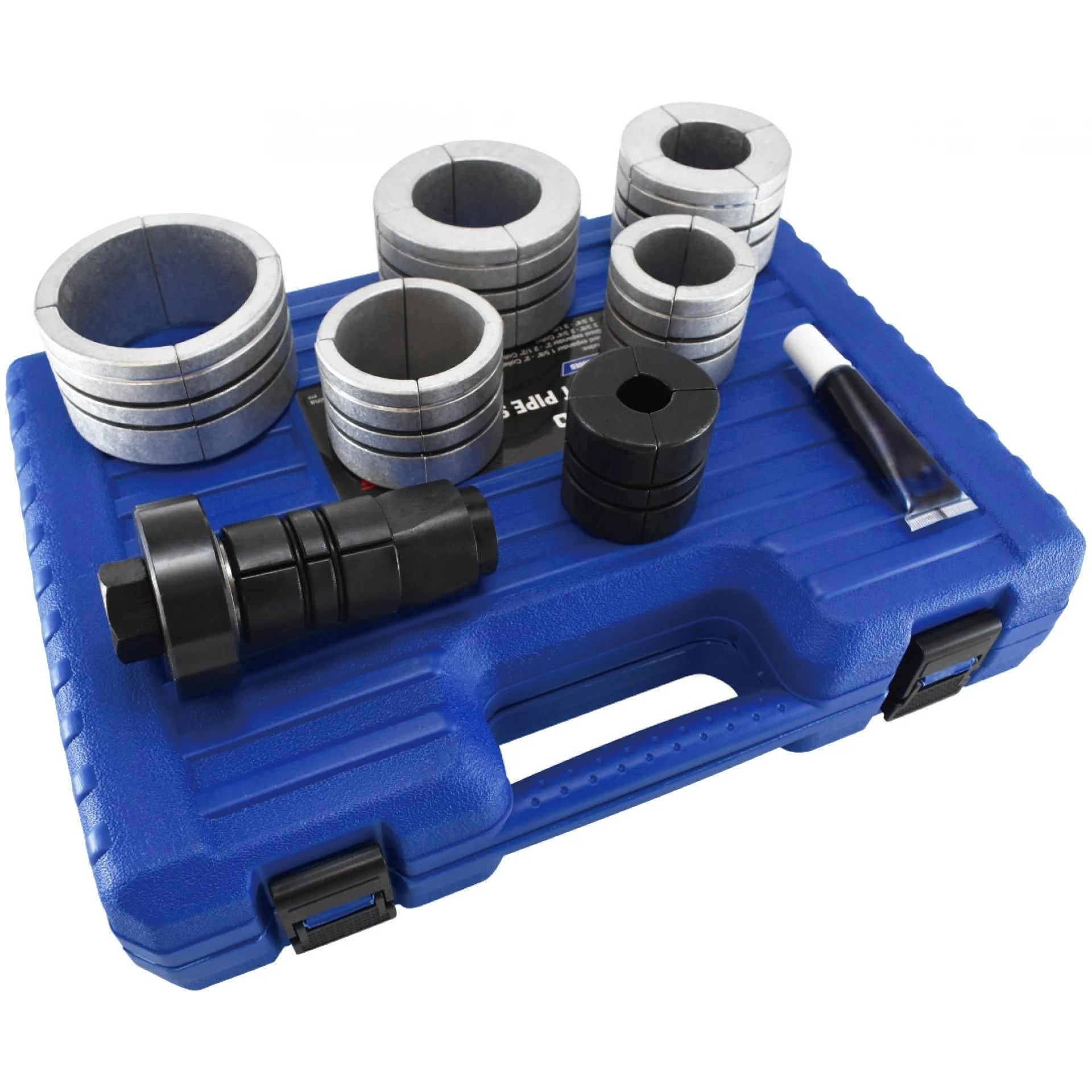 Astro Pneumatic 78835 Exhaust Pipe Stretcher Kit with all seven collets and drive tool displayed on blue case
