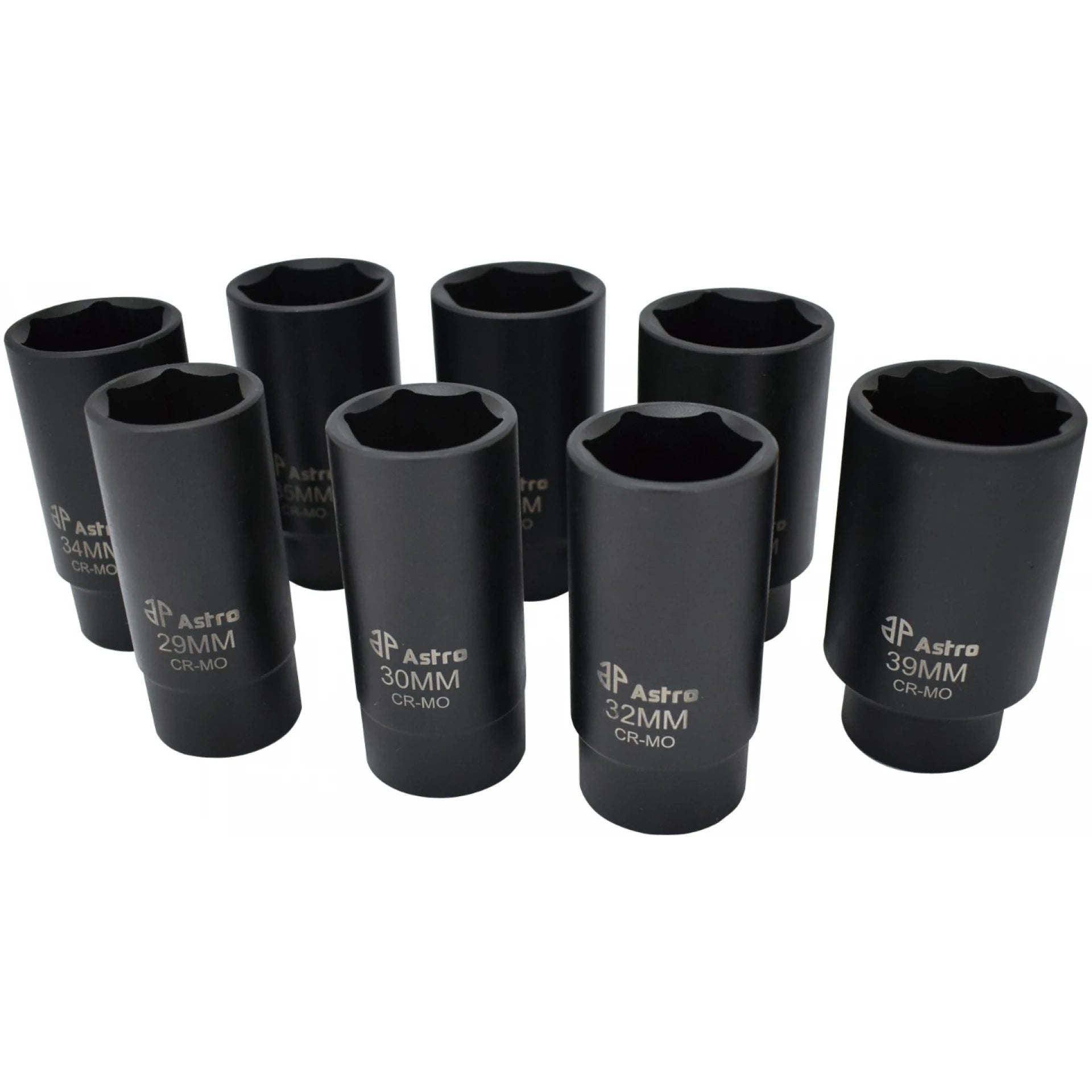 Astro Pneumatic 78866 8pc 6-Point Axle Nut Socket Set - scattered view of all eight CR-MO sockets 29 to 39mm