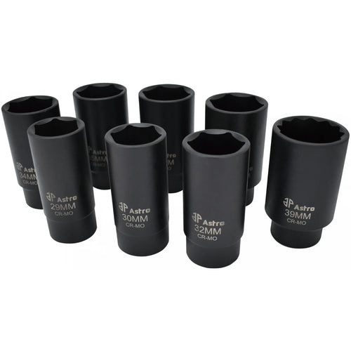 Astro Pneumatic 78866 8pc 6-Point Axle Nut Socket Set - scattered view of all eight CR-MO sockets 29 to 39mm