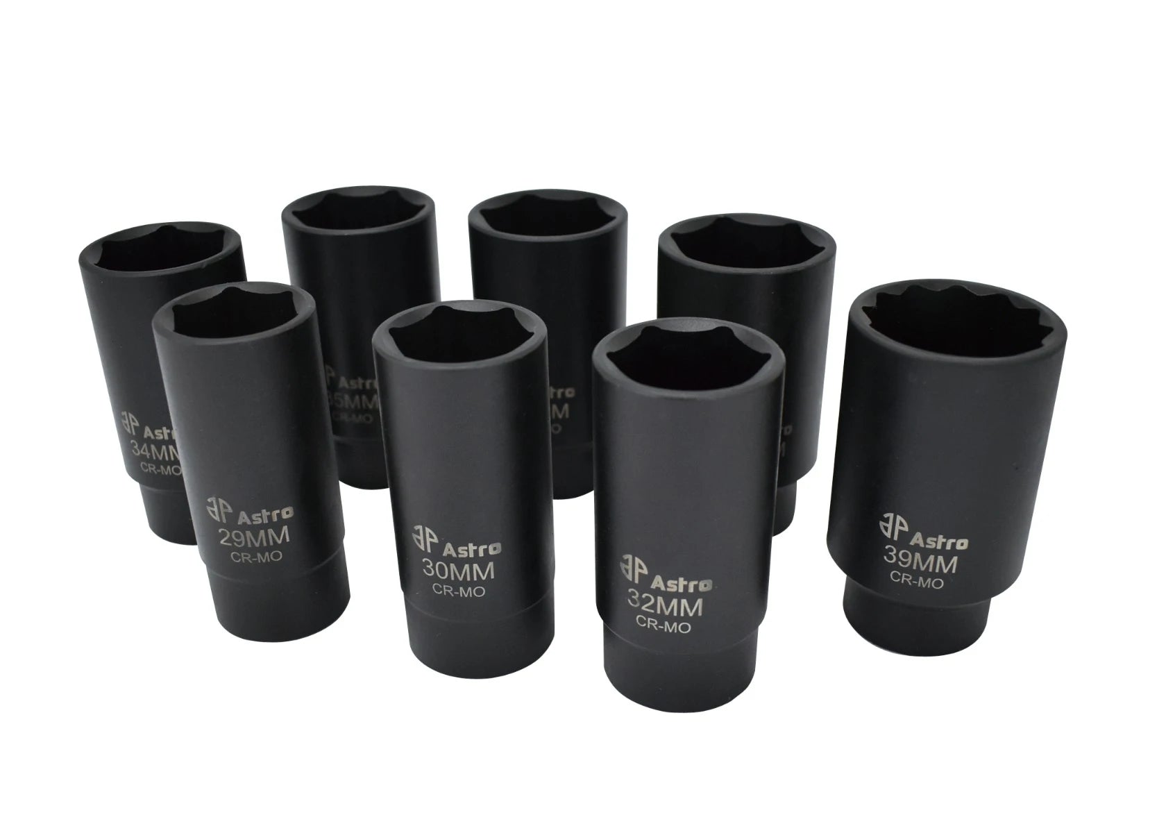 Astro Pneumatic 78866 8pc 6-Point Axle Nut Socket Set - scattered view of all eight CR-MO sockets angled