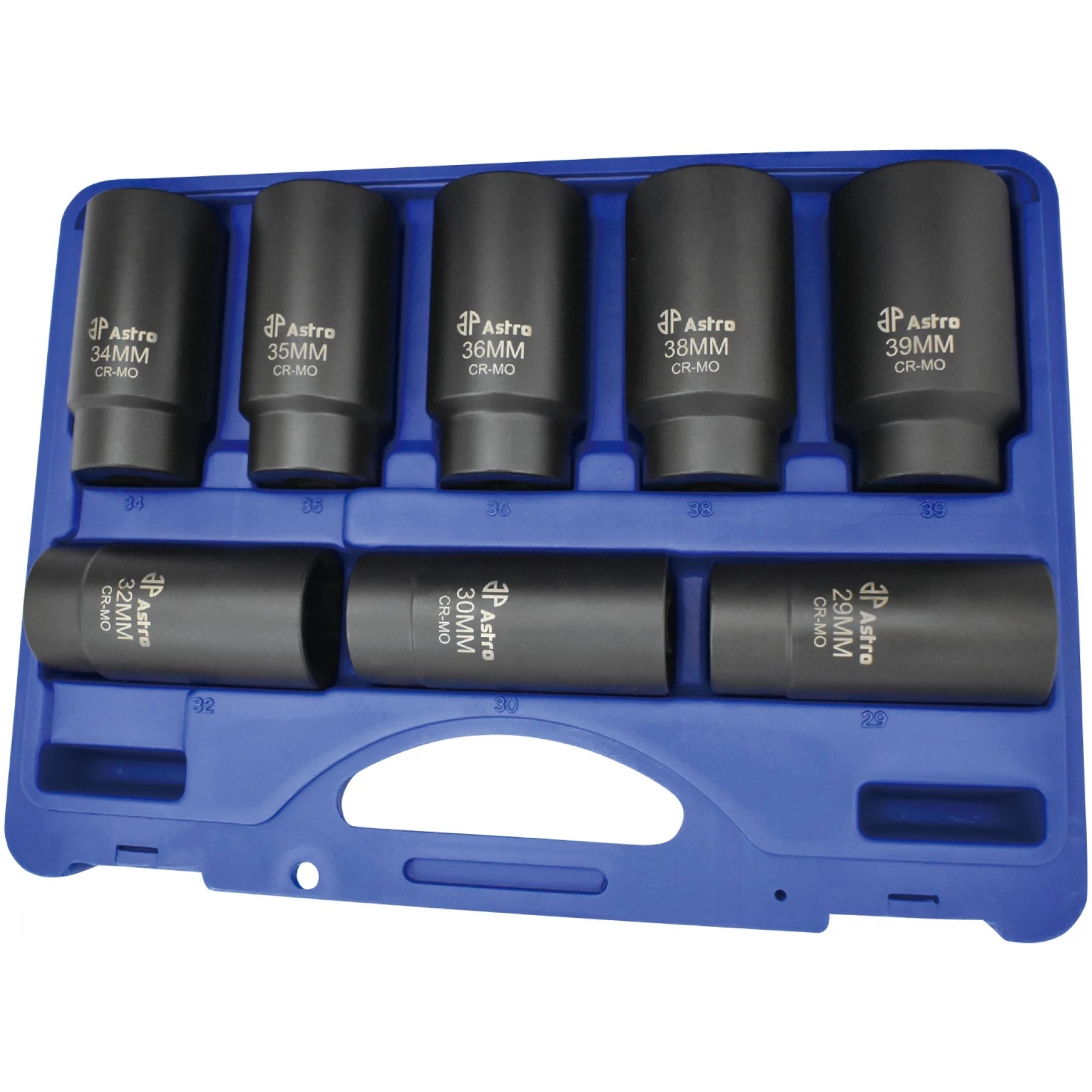 Astro Pneumatic 78866 8pc 6-Point Axle Nut Socket Set - full set organized in blue carrying case angled view