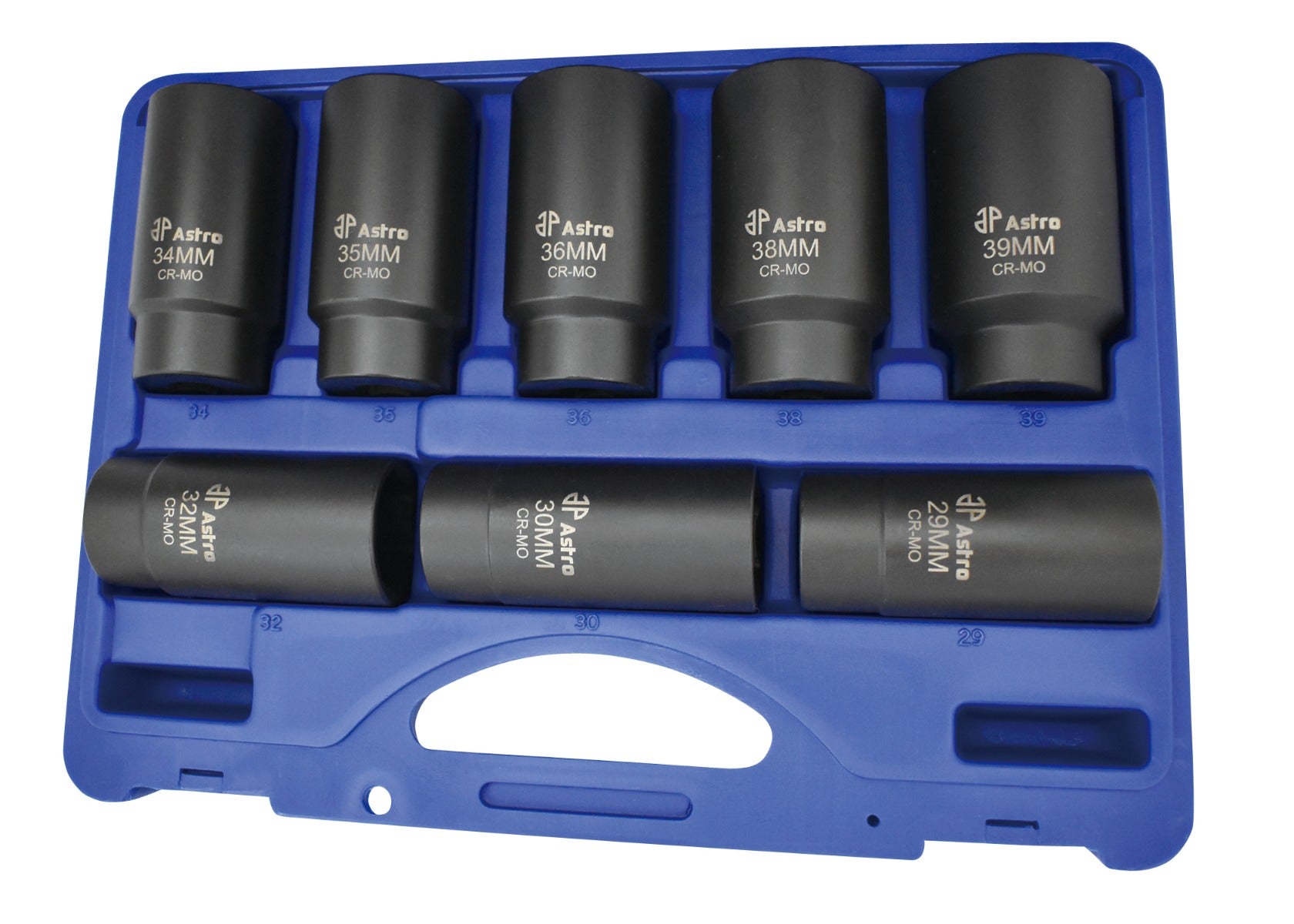 Astro Pneumatic 78866 8pc 6-Point Axle Nut Socket Set - full set organized in blue carrying case