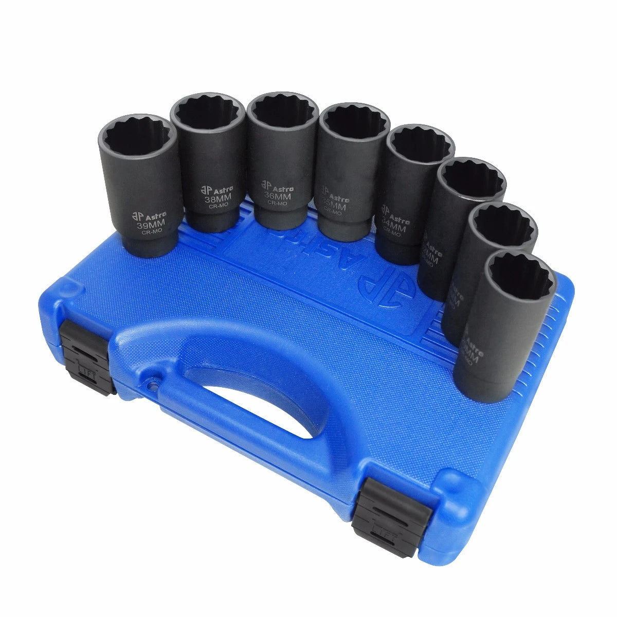 Astro Pneumatic 78868 8pc 12-Point Axle Nut Socket Set arranged on blue carrying case, angled view