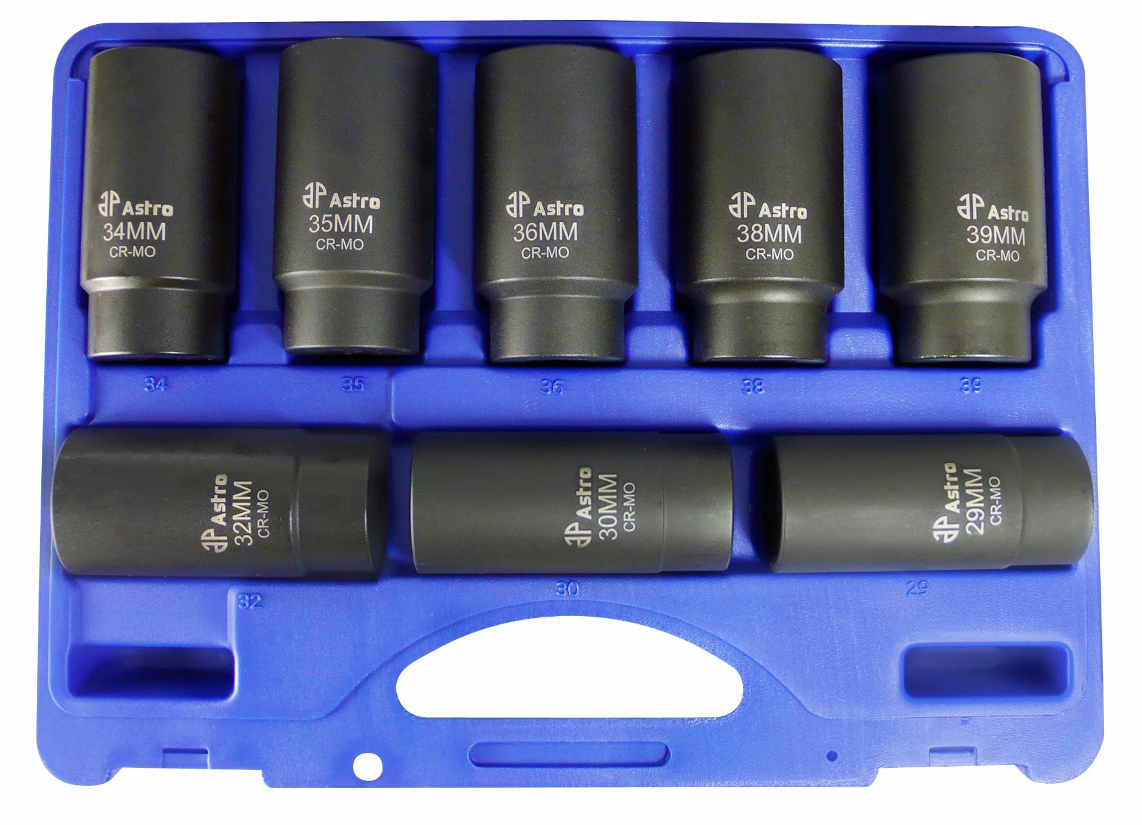 Astro Pneumatic 78868 8pc CR-MO axle nut sockets laid flat in blue molded storage case, sizes 29-39mm