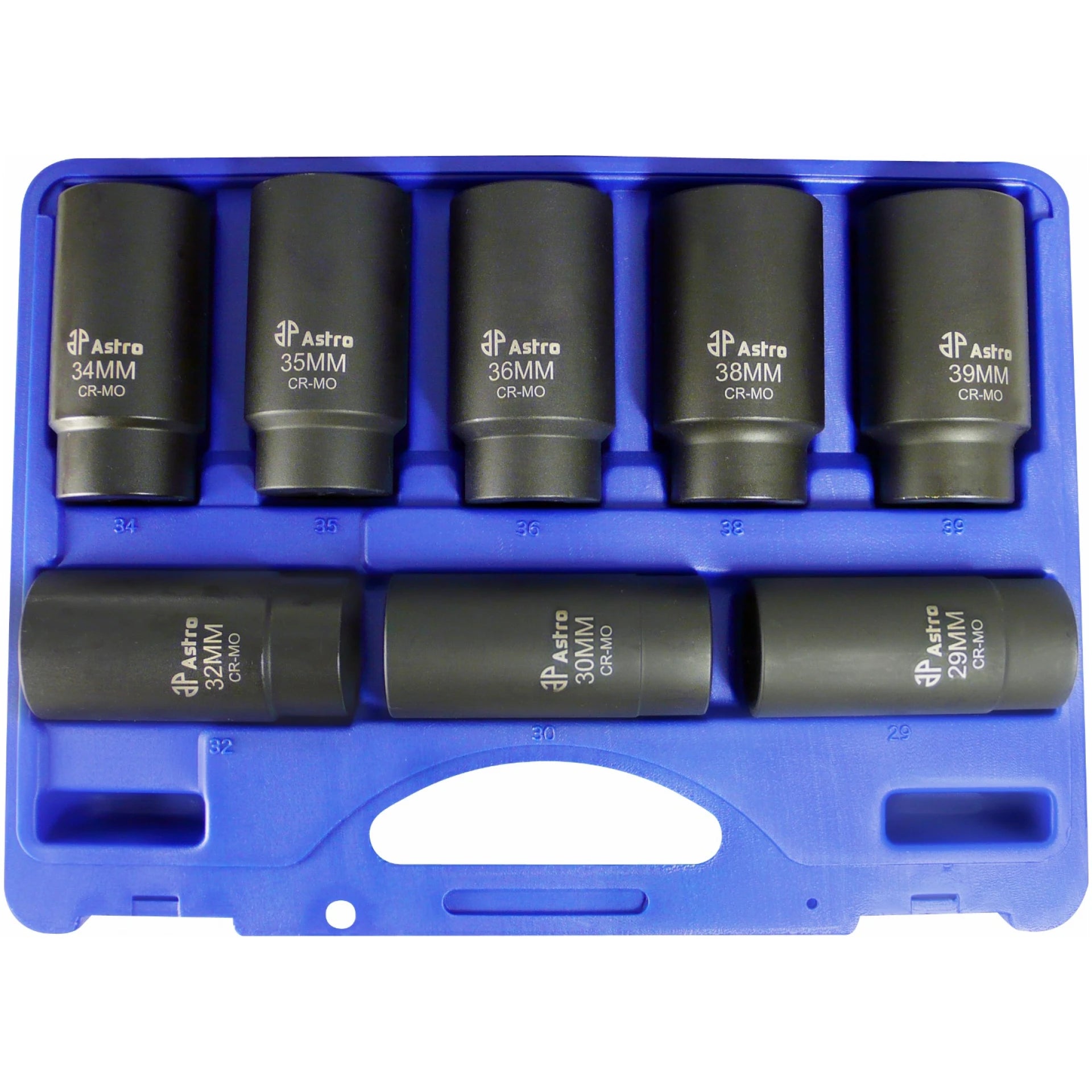 Astro Pneumatic 78868 8pc CR-MO axle nut sockets in blue molded storage case, top-down view
