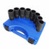 Astro Pneumatic 78868 8pc 12-Point Axle Nut Socket Set arranged on blue carrying case, angled view
