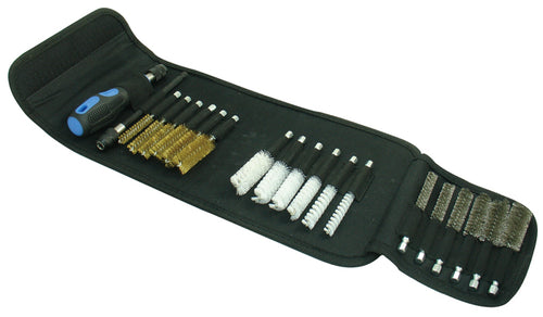 Astro Pneumatic AST-9020 20pc Wire Brush Set in open storage pouch displaying full assortment of brass, nylon, and stainless steel brushes