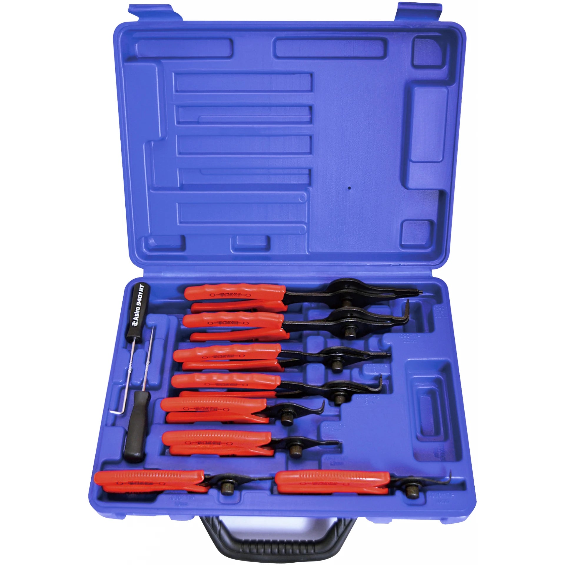 Astro Pneumatic AST-9401 10pc Snap Ring Pliers Set in open blue blow molded case