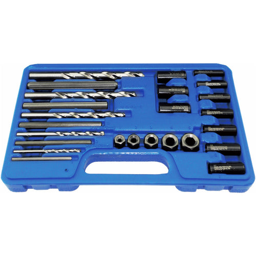 Astro Pneumatic 9447 25-Piece Screw Extractor Drill and Guide Set open in blue blow-molded case, top-down view