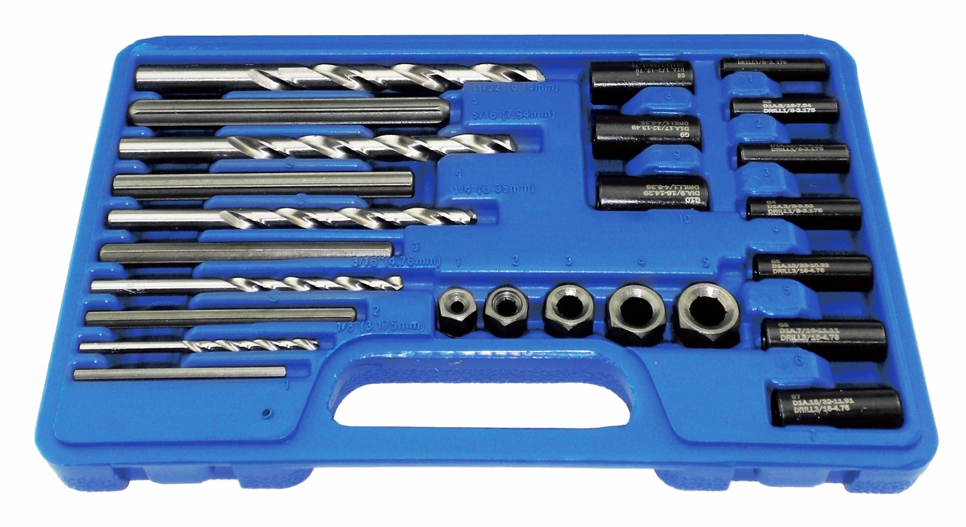 Astro Pneumatic 9447 25-Piece Screw Extractor Drill and Guide Set displayed in blue blow-molded case, angled view
