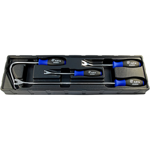 Astro Pneumatic 9589 4pc Upholstery Tool Set in foam storage tray, top-down view