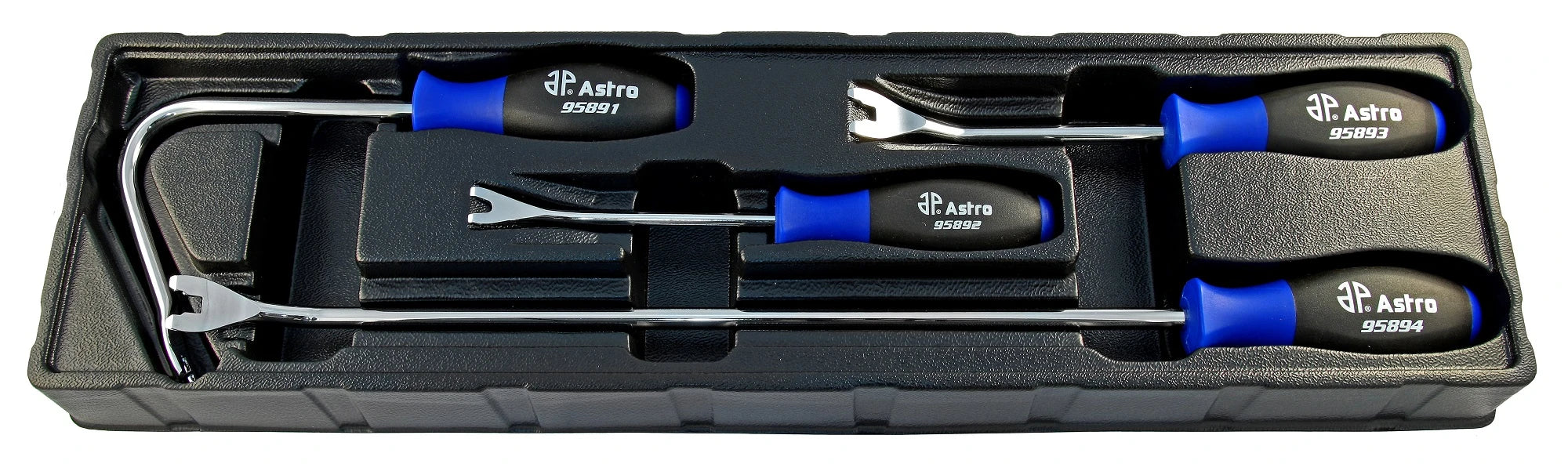 Astro Pneumatic 9589 4pc Upholstery Tool Set in foam storage tray, angled view