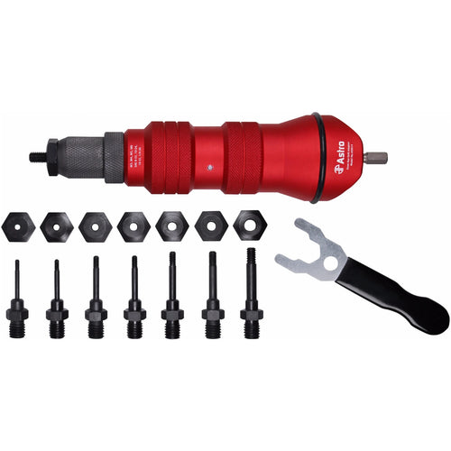 Astro Pneumatic ADN14 Rivet Nut Drill Adapter Kit with 8 mandrels, nosepieces, and spanner wrench on white background