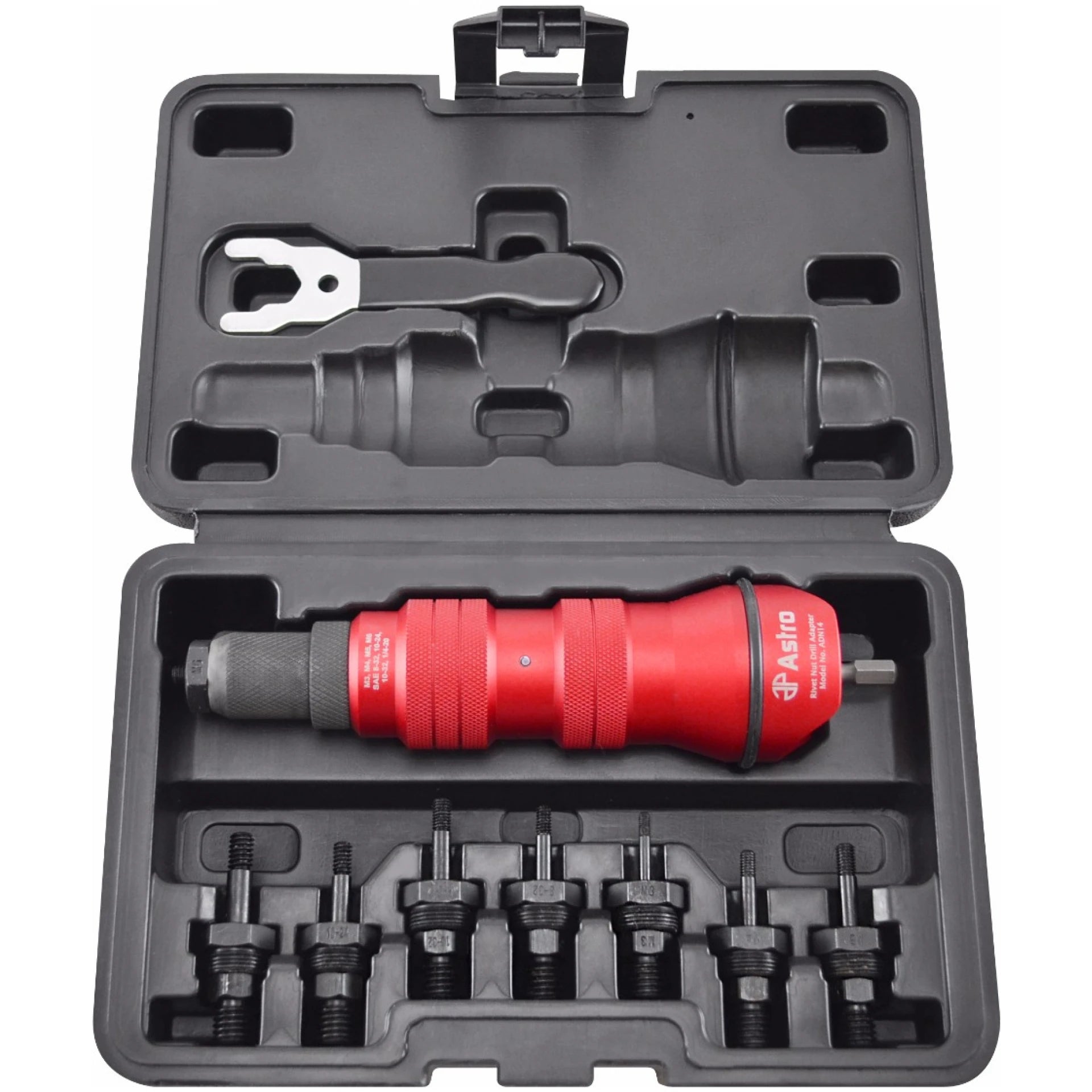 Astro Pneumatic ADN14 Rivet Nut Drill Adapter Kit with all accessories organized in included carrying case