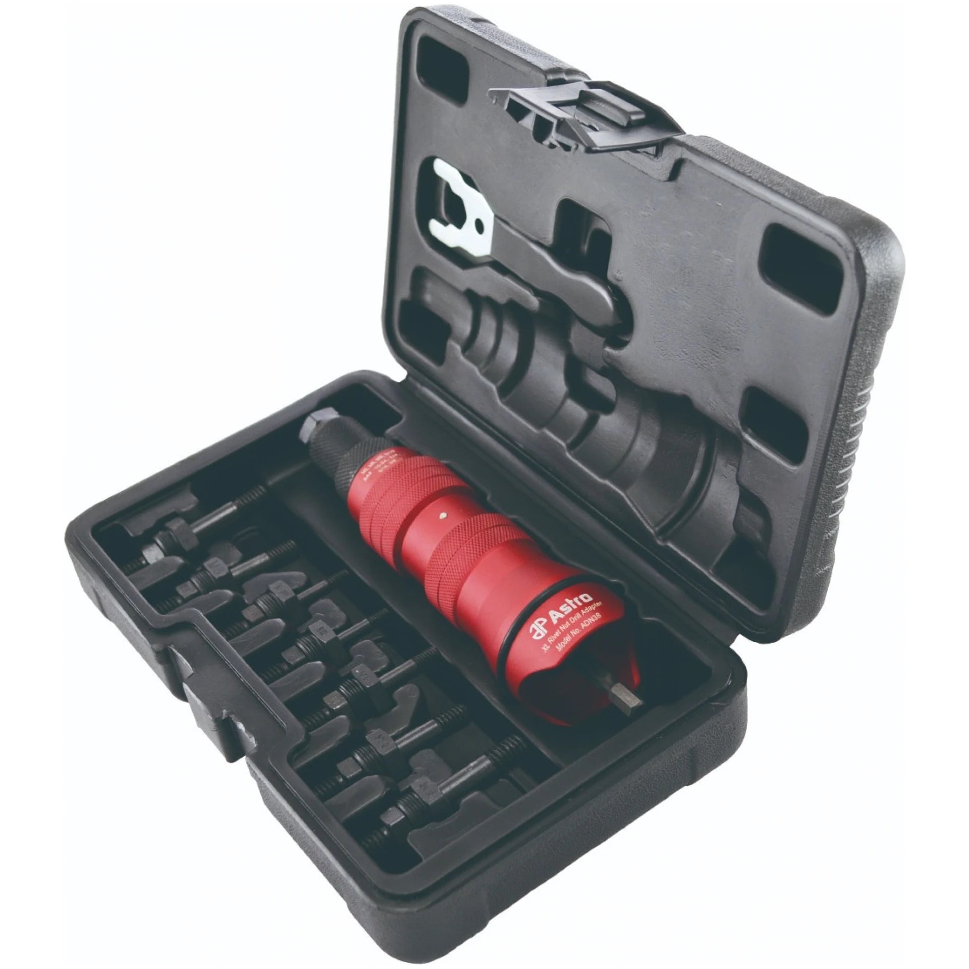 Astro Pneumatic ADN38 XL Rivet Nut Drill Adapter Kit stored in molded carrying case with accessories