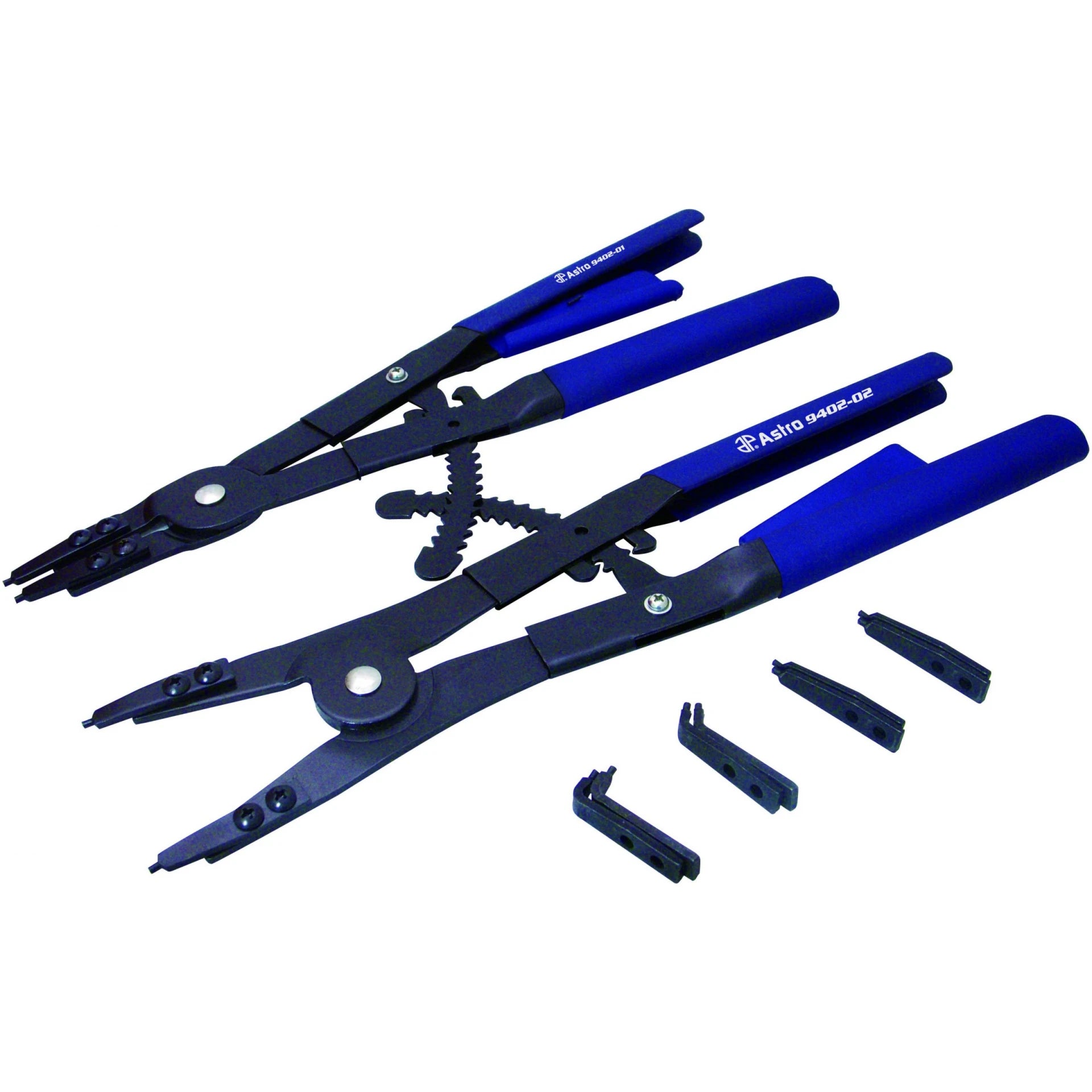 Astro Pneumatic AST-9402 2pc Large 16in Snap Ring Pliers Set with replaceable tips and accessories on white background