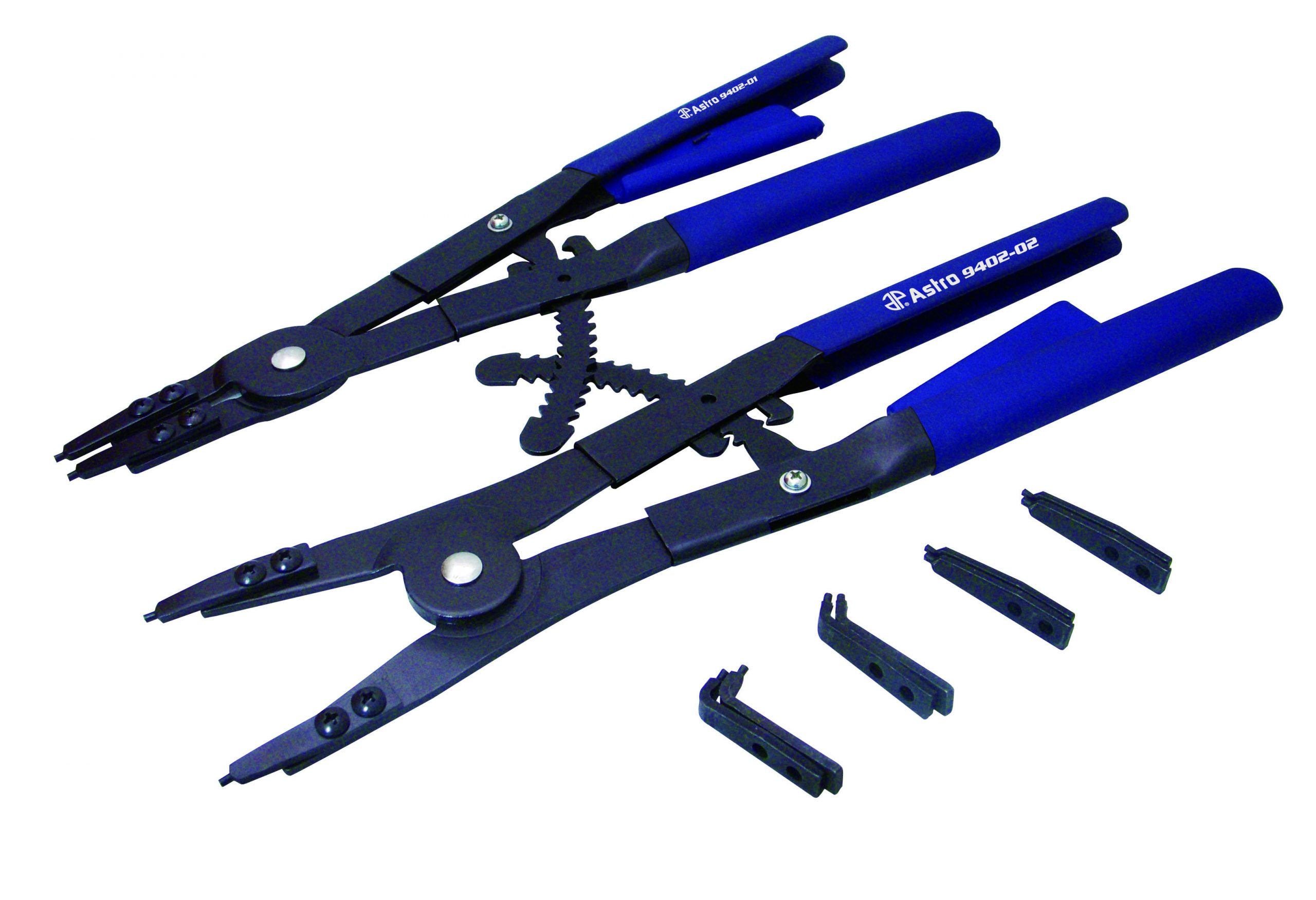 Astro Pneumatic AST-9402 2pc Large 16in Snap Ring Pliers Set with interchangeable tips laid out