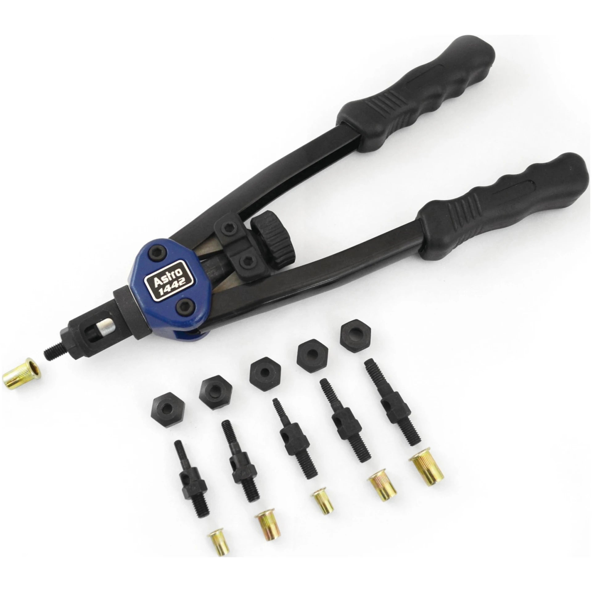 Astro Pneumatic 1442 hand riveter kit with mandrel sets and rivet nut assortment displayed