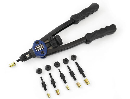 Astro Pneumatic 1442 hand riveter with 6 interchangeable mandrel/nosepiece sets and rivet nut assortment on white background