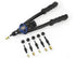 Astro Pneumatic 1442 hand riveter with 6 interchangeable mandrel/nosepiece sets and rivet nut assortment on white background