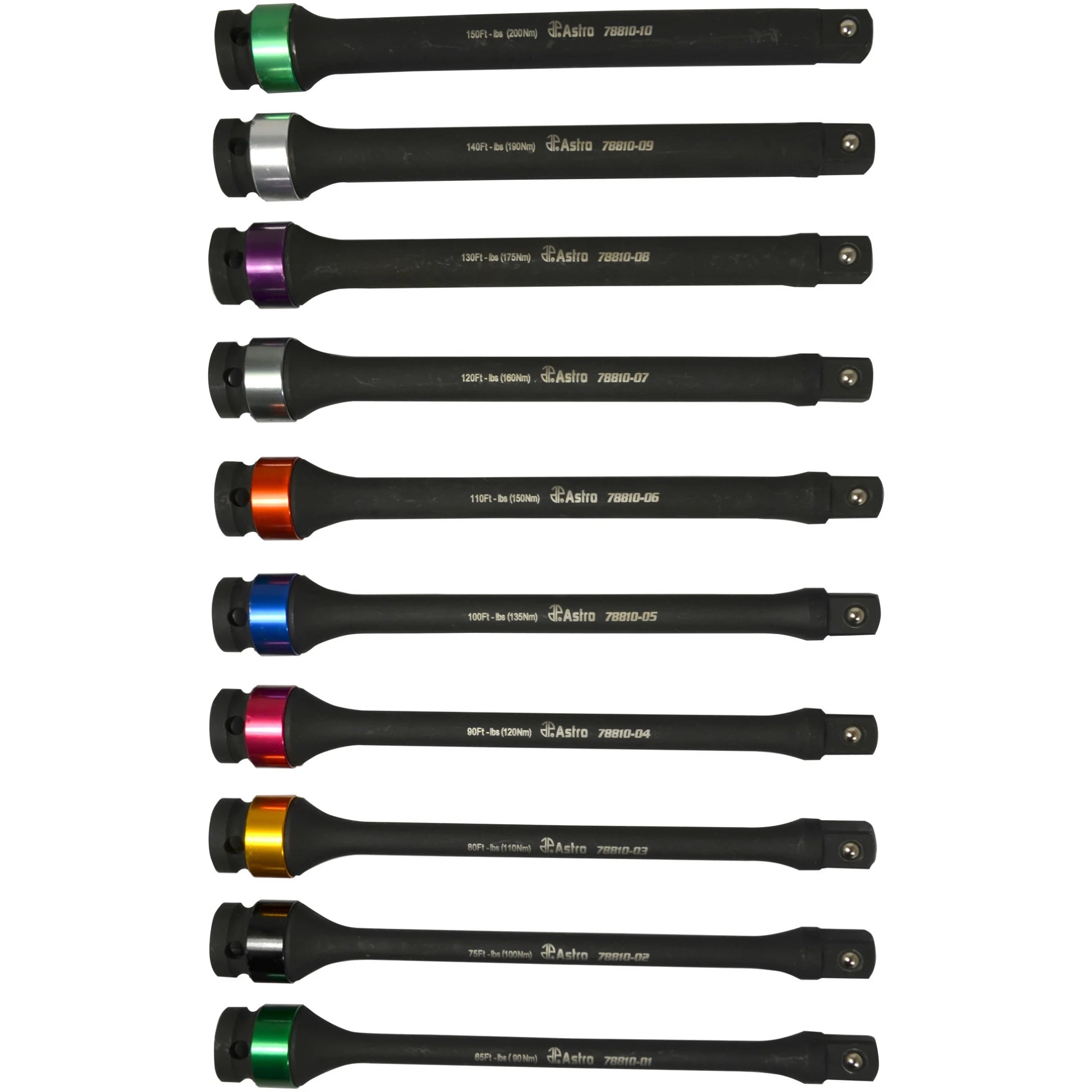 Astro Pneumatic 78810 all 10 color-coded torque limiting extensions laid flat