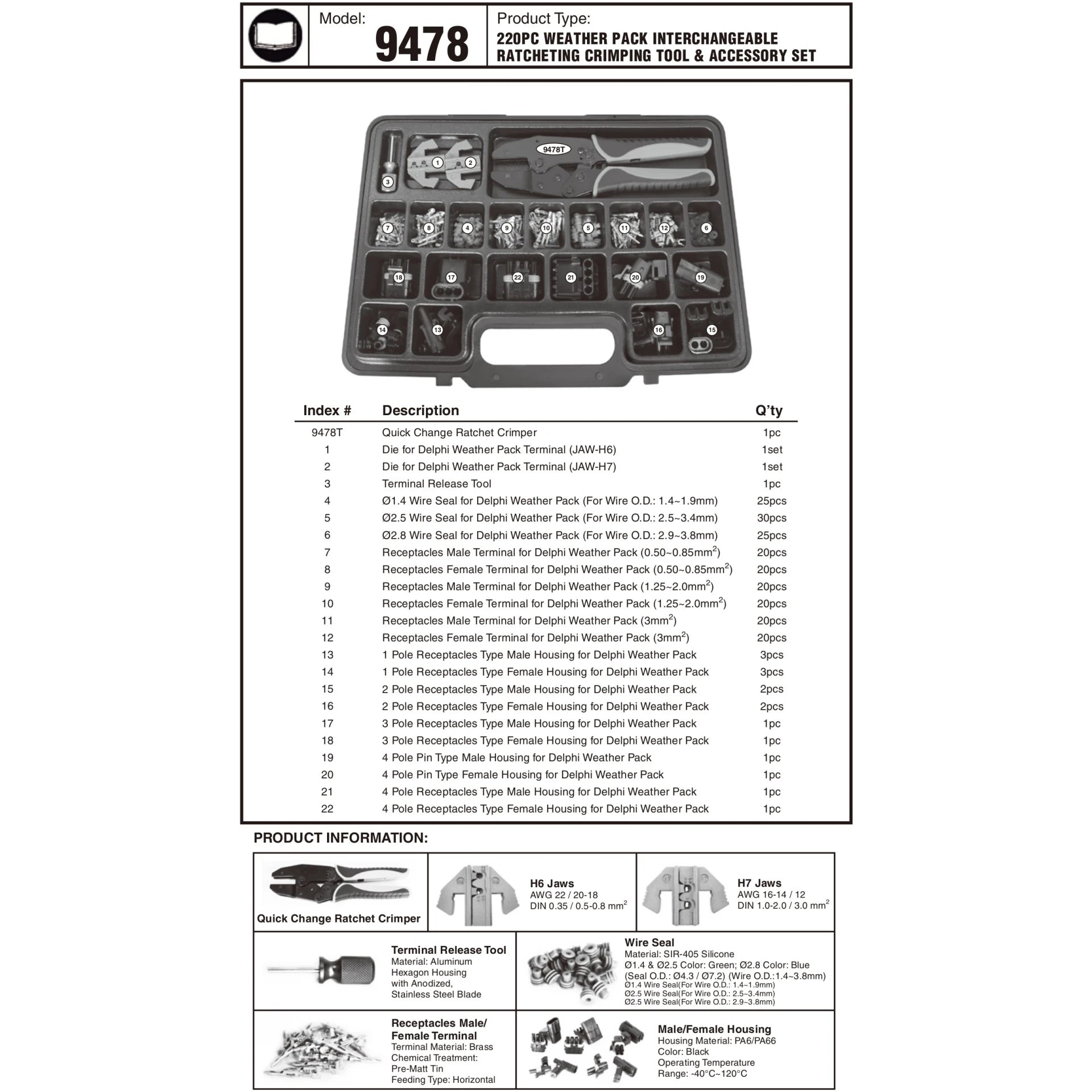 Astro Pneumatic 9478 product spec sheet showing components, jaw specs, and material details