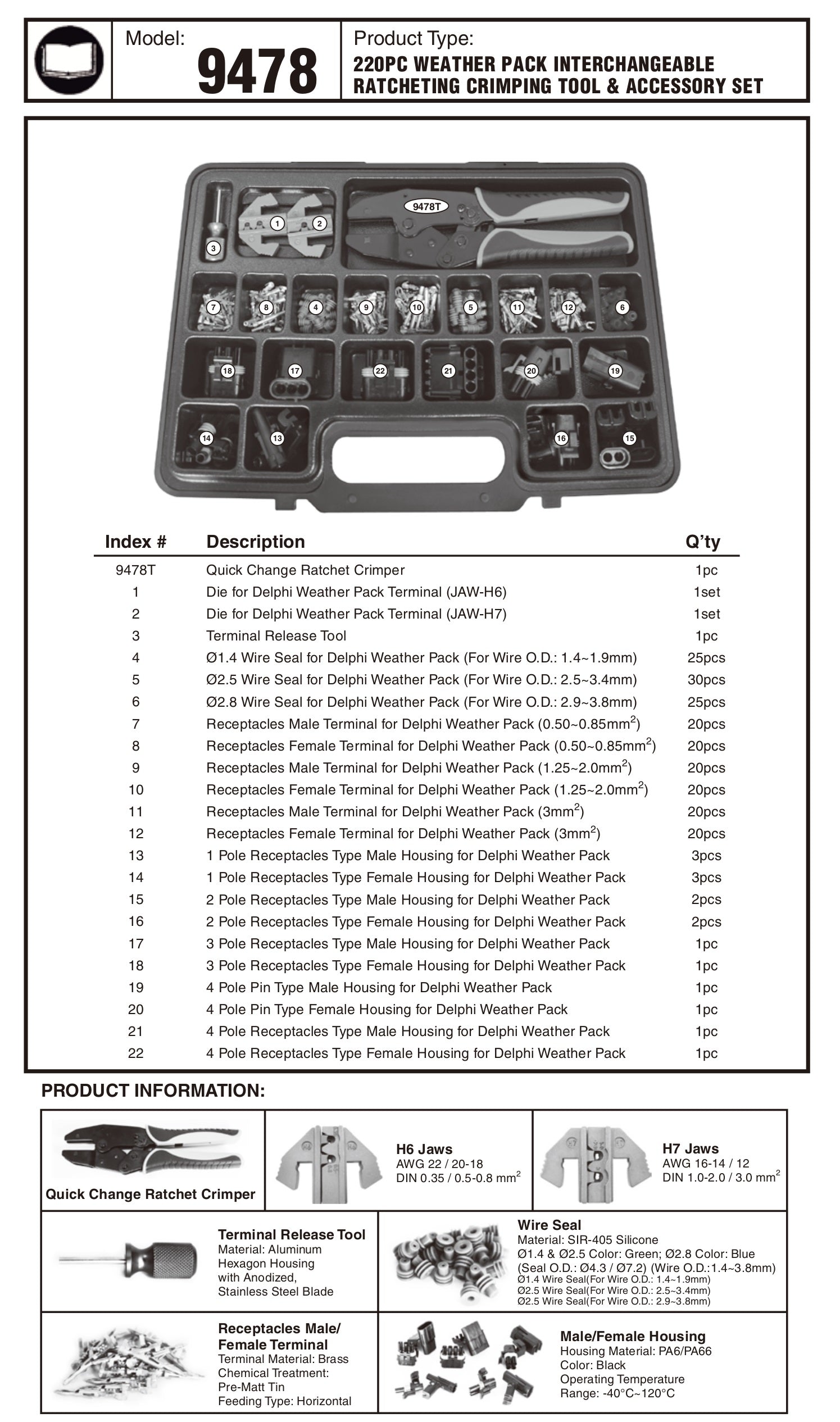 Astro Pneumatic 9478 product information sheet with full component list and quantities