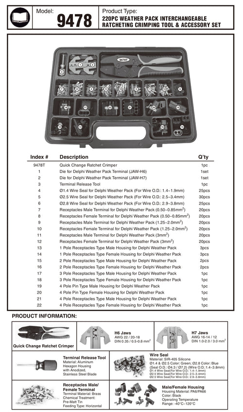 Astro Pneumatic 9478 product information sheet with full component list and quantities