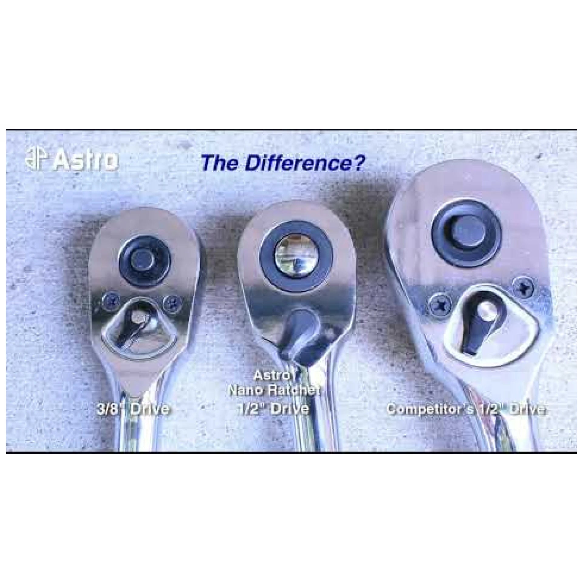 Close-up comparison of Astro Nano Ratchet 1/2" Drive head vs 3/8" Drive and competitor 1/2" Drive