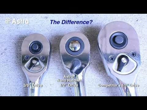 Size comparison of 3/8" Drive, Astro Nano Ratchet 1/2" Drive, and competitor 1/2" Drive ratchet heads