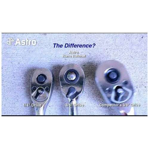Astro Nano Ratchet size comparison: 1/4" Drive, 3/8" Nano Ratchet, and Competitor's 3/8" Drive ratchet heads