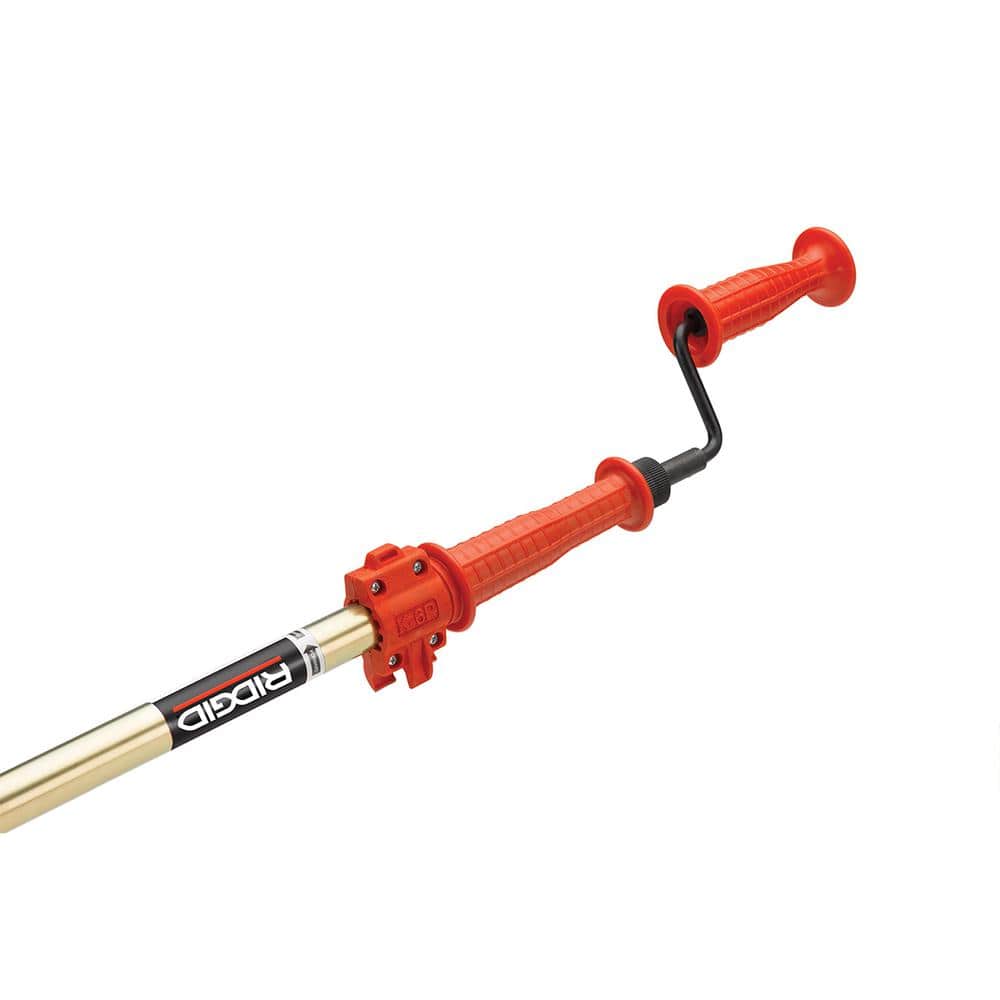 RIDGID K-6P Hybrid Toilet Auger close-up of ergonomic dual grip handle and tube clamp assembly