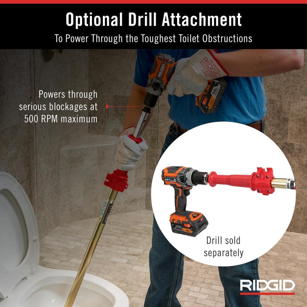 RIDGID K-6P Hybrid Toilet Auger optional drill attachment feature callout, 500 RPM max
