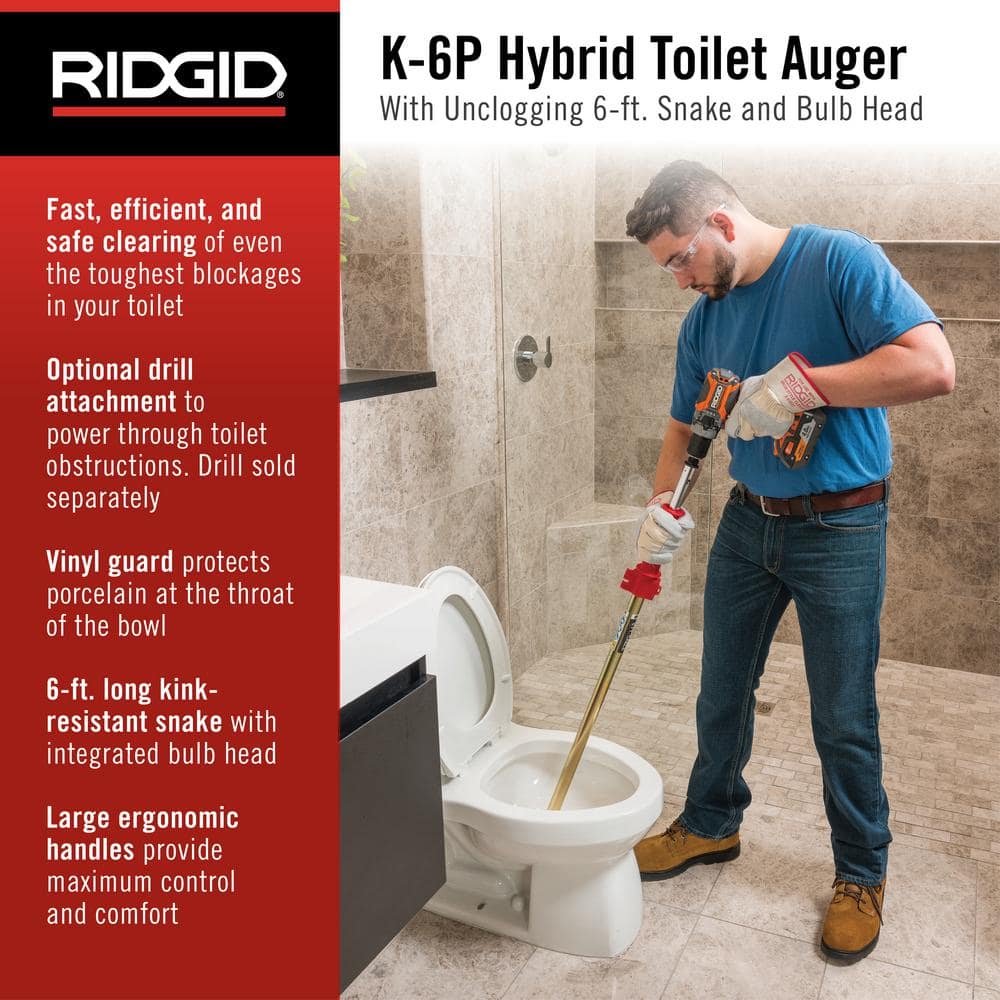 RIDGID K-6P Hybrid Toilet Auger feature callout infographic showing user clearing toilet blockage in bathroom