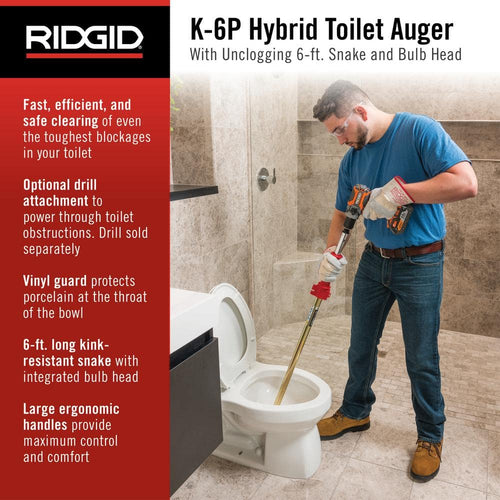 RIDGID K-6P Hybrid Toilet Auger feature callout infographic showing user clearing toilet blockage in bathroom