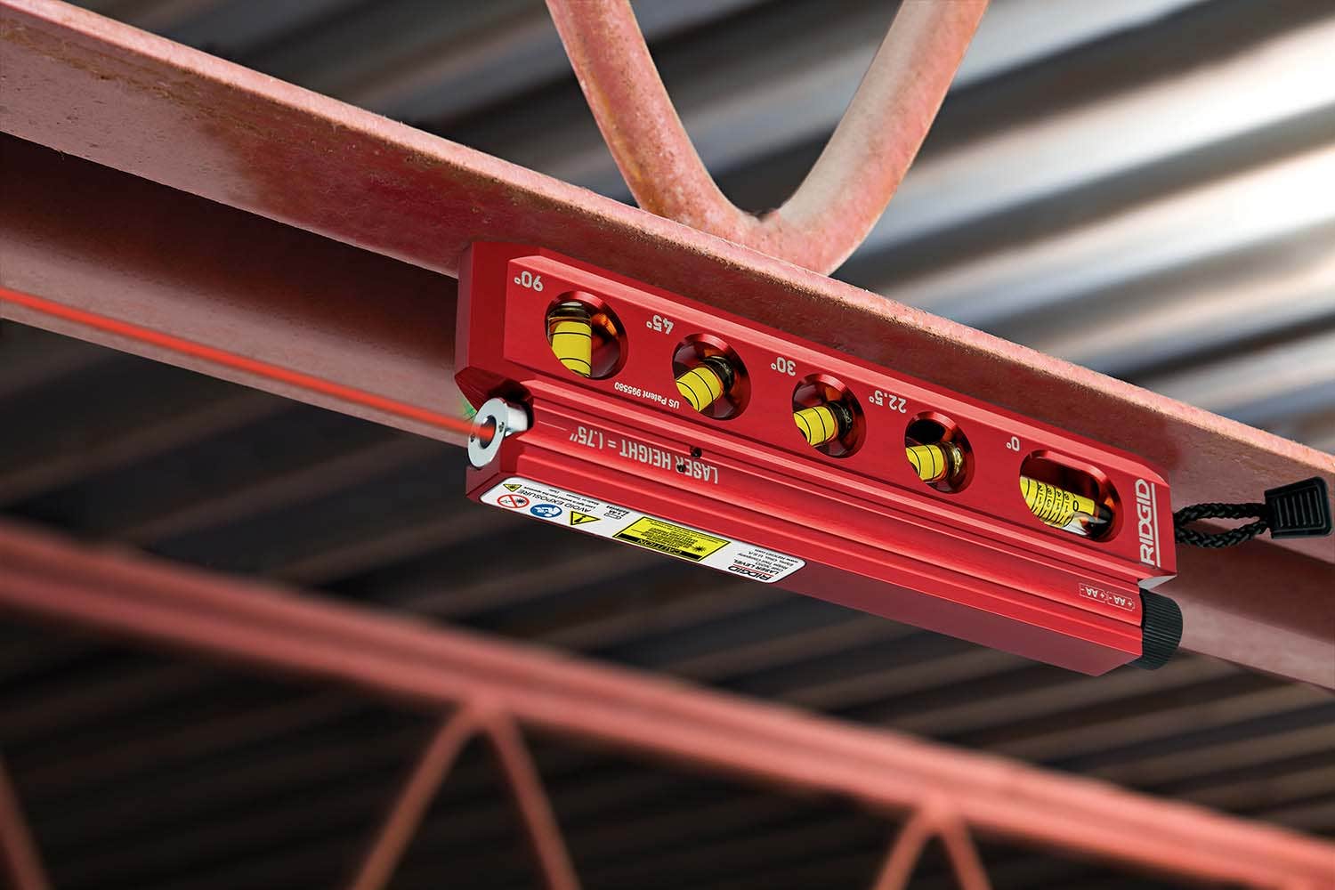 Ridgid 36253 800 LMI Machined Aluminum Laser Level Mounted on Steel Beam - In Use Lifestyle Shot