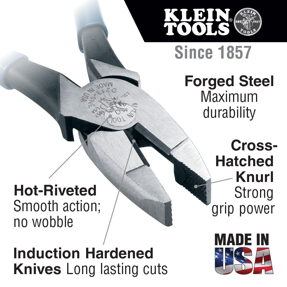 Klein Tools D213-9NE feature callout: forged steel, hot-riveted joint, induction hardened knives, cross-hatched knurl