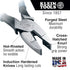 Klein Tools D213-9NE feature callout: forged steel, hot-riveted joint, induction hardened knives, cross-hatched knurl