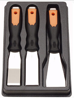 VIM Tools SS7000 3-Piece Stainless Steel Bolstered Scraper Set with SS700, SS700B and SS702 in tray