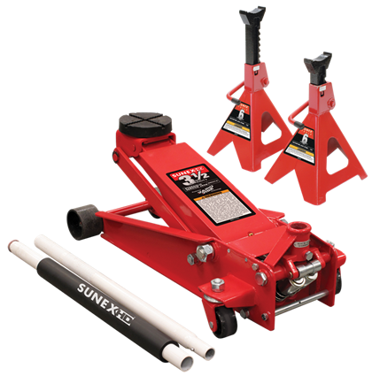 Sunex Tools 66037JPK 3-1/2 Ton Floor Jack Pack with 6 Ton Stands - red hydraulic floor jack, two 6-ton jack stands, and handle
