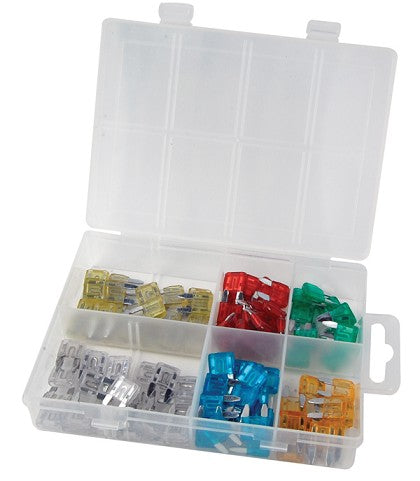 ATD Tools 382 100 Pc. Mini Car Fuse Assortment in clear molded storage case with colorful blade fuses sorted by amperage