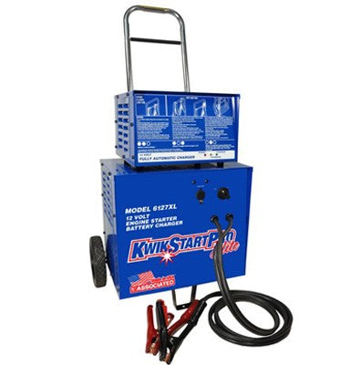 Associated Equipment 6127XL Kwik Start Pro Elite 12V Engine Starter Battery Charger on rolling cart with jumper cables