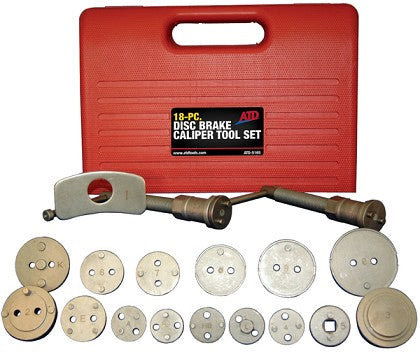 ATD Tools ATD-5165 18 Pc. Disc Brake Caliper Tool Set with adapters, tools, and red carrying case