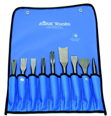 Ajax Tool Works 9029 9-Piece Zip Gun Chisel Set displayed in blue roll pouch