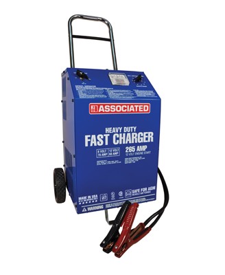 Associated Equipment 6009AGM Heavy Duty Fast Charger 6/12V AGM 265 Amp on wheeled cart with battery clamps