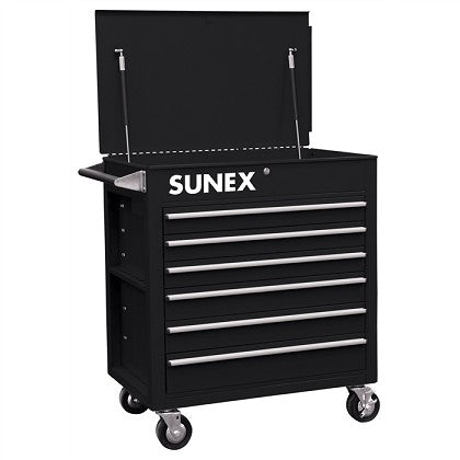 Sunex Tools 8057BK Full Drawer Professional Duty Service Cart in black with open lid, 6 drawers, and heavy-duty casters