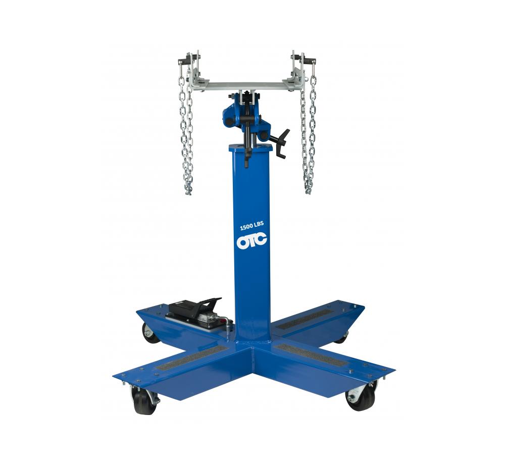 OTC Tools TJHP15 Air-Assisted 1,500-lb High-Lift Transmission Jack front view with universal saddle and safety chains