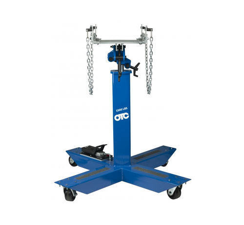 OTC Tools TJHP15 Air-Assisted 1,500-lb High-Lift Transmission Jack front view with universal saddle and safety chains