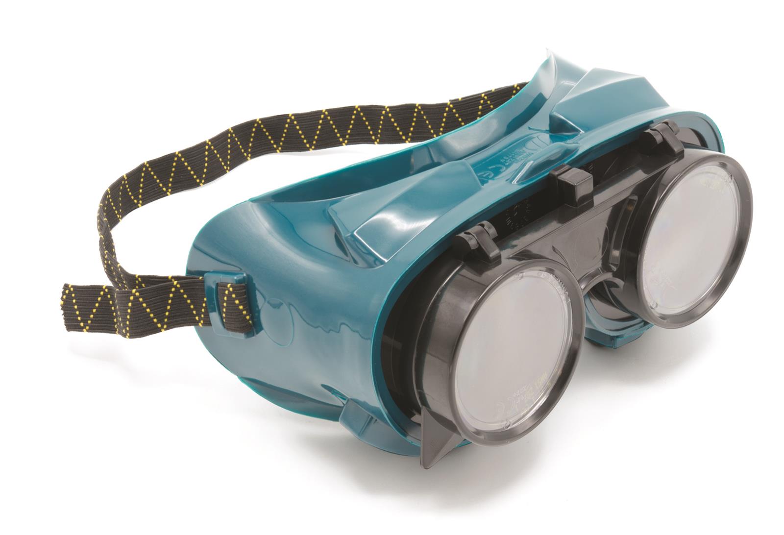 Titan Tools 41216 Shade 5 Flip-Front Gas Welding Goggles with teal frame and elastic strap