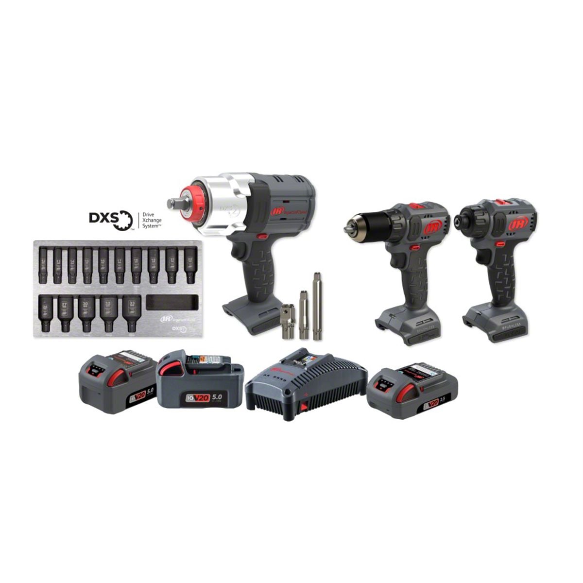 Ingersoll Rand IQV20-3W7D3 20V Cordless Power Tool Kit with W7153 DXS Impact Wrench, Drill Driver, Screwdriver, Batteries, Charger, and Socket Set